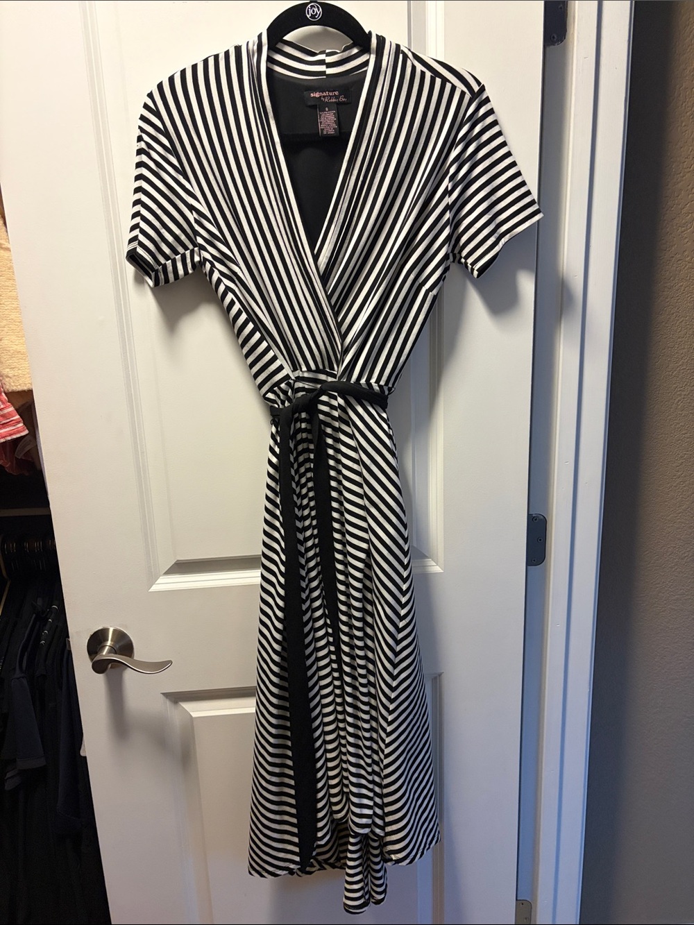 Signature by Robbie Bee Black and White Striped Wrap Dress with Tie Waist